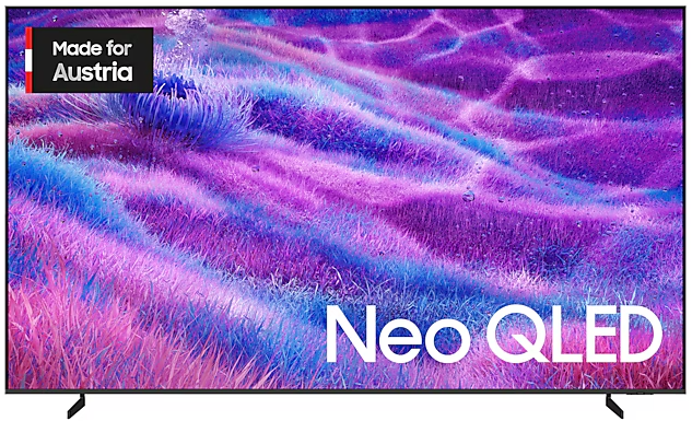 Ein TV-Bildschirm mit Neo QLED-Logo. Der Hintergrund zeigt eine farbenfrohe, abstrakte Landschaft in Lila- und Blautönen.