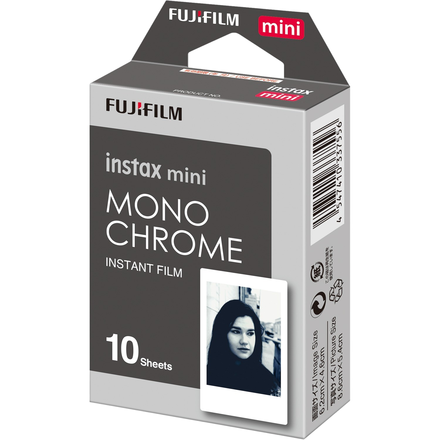 Box of Fujifilm Instax Mini Monochrome instant film. Features a photo of a woman. Text includes 'Mono Chrome' and '10 Sheets'.