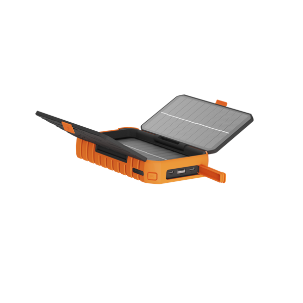 Un cargador portátil naranja con panel solar. La tapa y un panel lateral están abiertos, revelando puertos USB. Fondo negro.