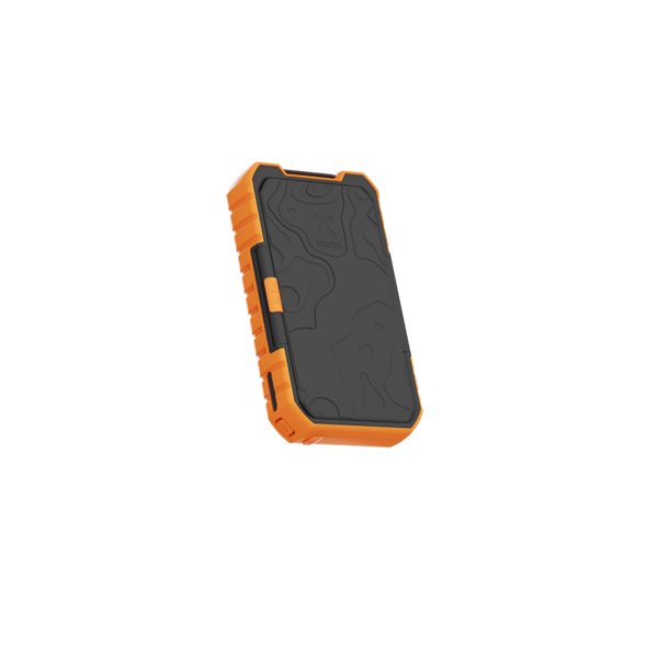 Una funda resistente para teléfono naranja y negro. La funda tiene una parte trasera texturizada con un diseño similar a un mapa y el nombre de la marca.