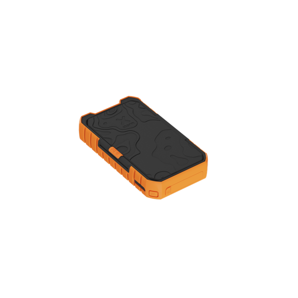 Una funda resistente para teléfono de color naranja y negro. Tiene una parte superior negra con un diseño topográfico y laterales naranjas.