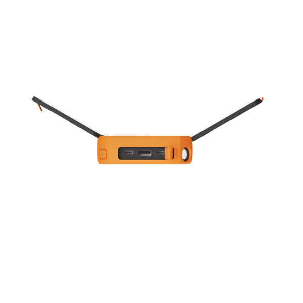 Dispositivo electrónico naranja con dos brazos negros extendidos. Tiene puertos y una luz lateral. Fondo negro.