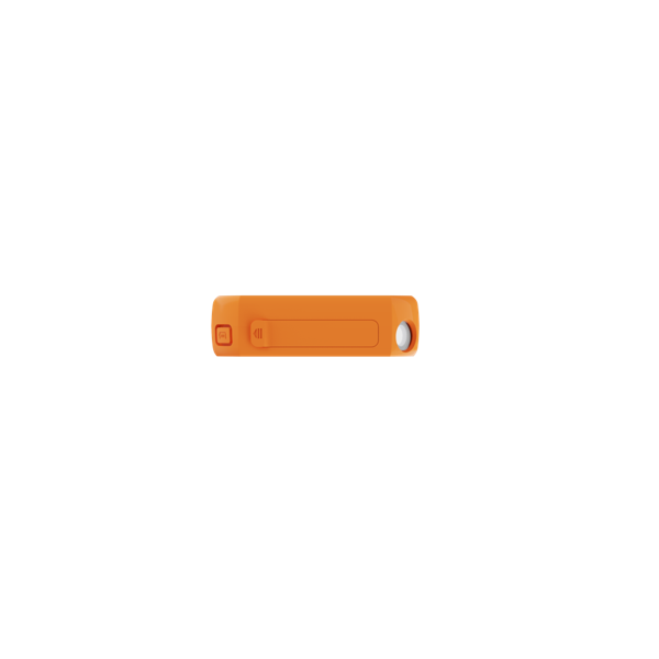 Un dispositivo rectangular naranja con un botón, un símbolo y un círculo plateado sobre un fondo negro.