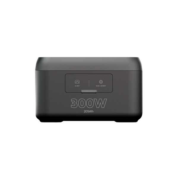 Una estación de energía gris oscuro con un panel de control. Tiene etiquetas de 300W y 205Wh. Iconos de entrada de CA y solar visibles.