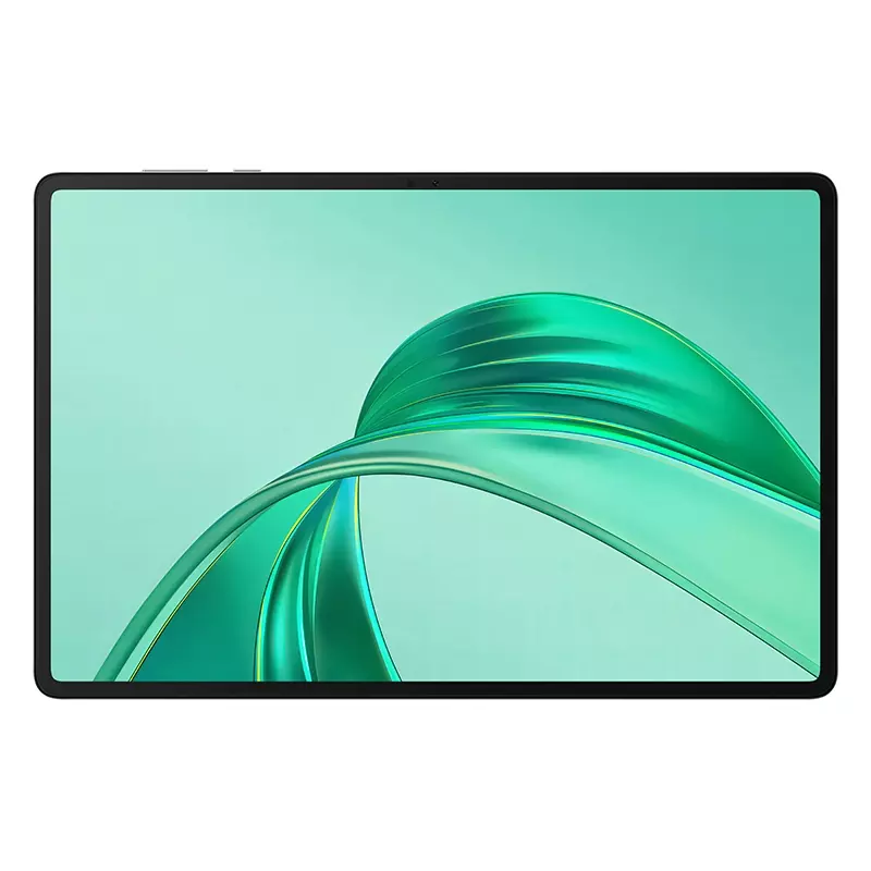 Tableta con marco negro. La pantalla muestra una forma abstracta verde con fondo verde claro.