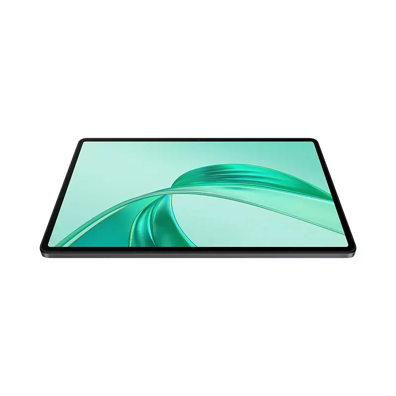Una tableta con marco negro, mostrando un diseño abstracto verde y blanco en la pantalla, sobre un fondo blanco.