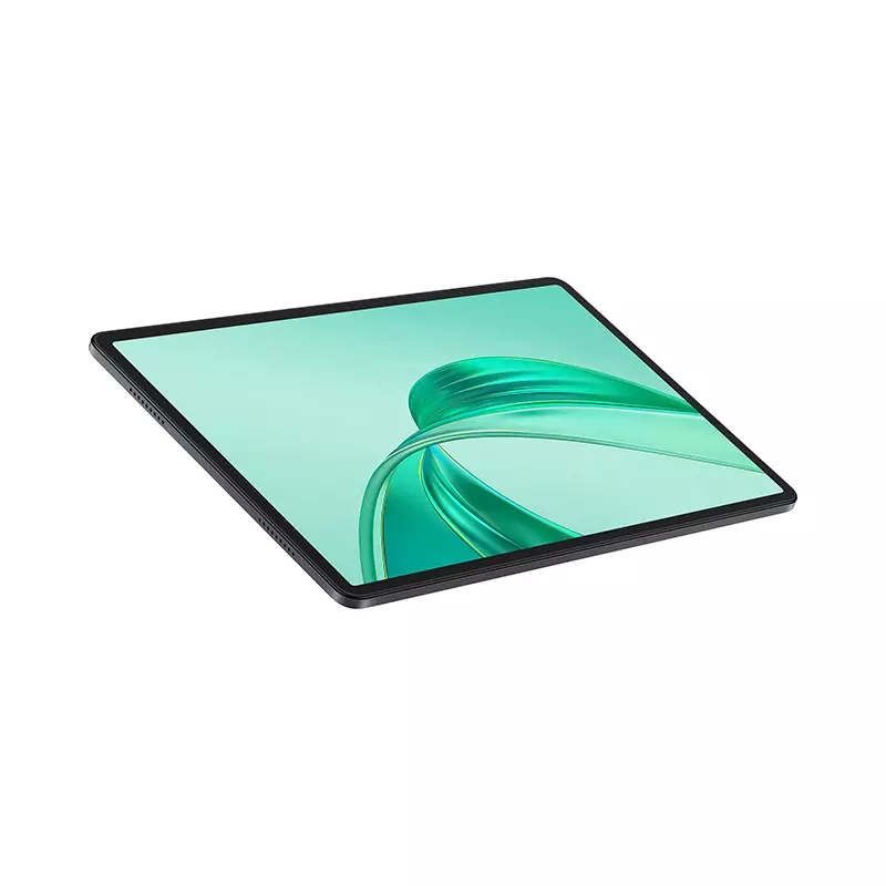 Una tableta con marco negro, en ángulo. La pantalla muestra un remolino verde sobre un fondo verde claro. Fondo blanco.