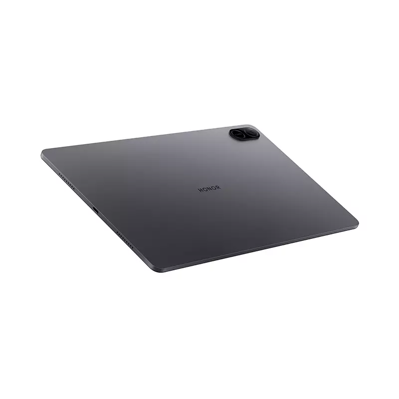 Una tableta HONOR gris se muestra en ángulo. Cuenta con una configuración de doble cámara y el logotipo de la marca. El fondo es blanco.