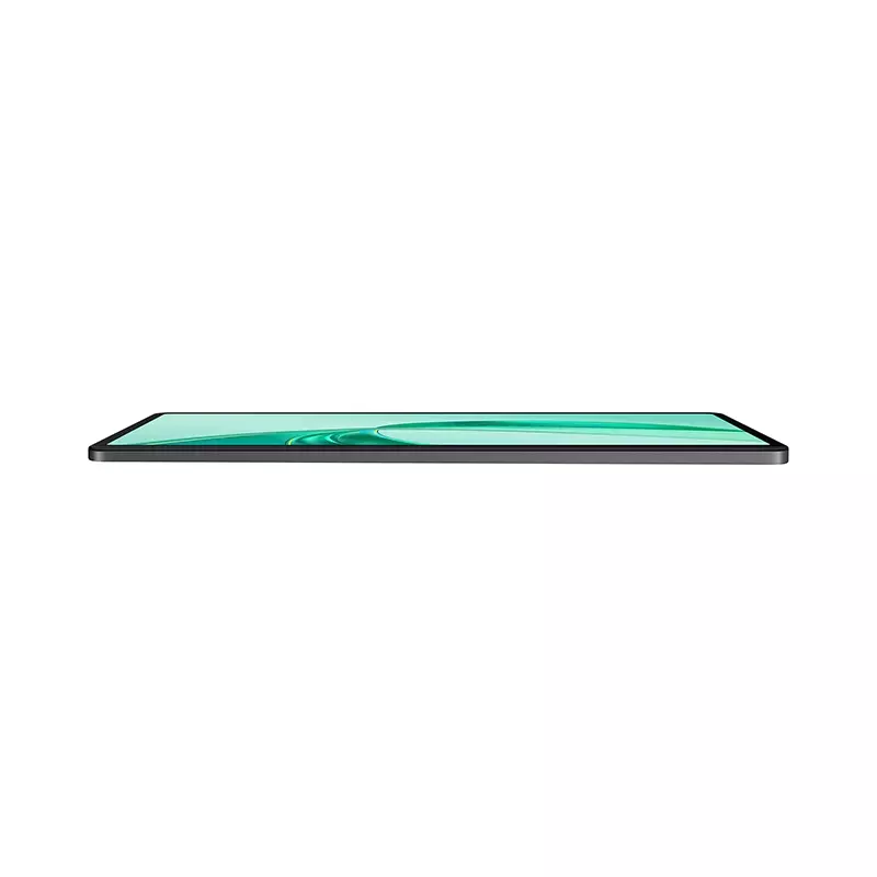 Una tableta vista de lado, con marco negro y pantalla con degradado verde, sobre un fondo blanco.