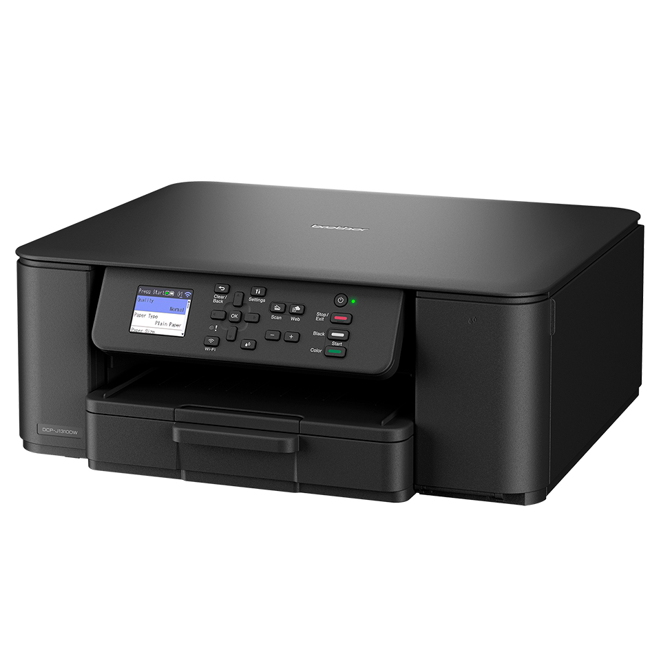 Una impresora negra Brother DCP-J1300W. Tiene un panel de control con una pequeña pantalla y botones. La bandeja de papel es visible.