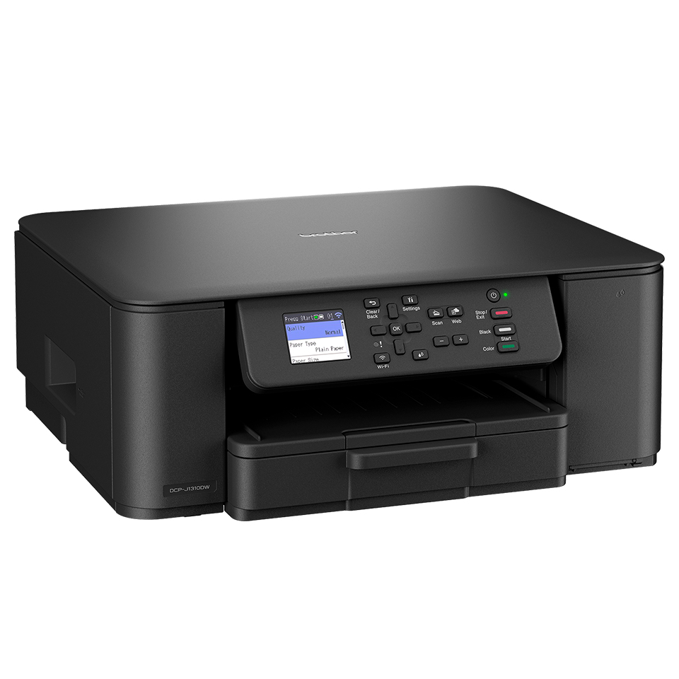 Impresora negra Brother DCP-J3100W. Cuenta con un panel de control con ajustes y una bandeja de papel.