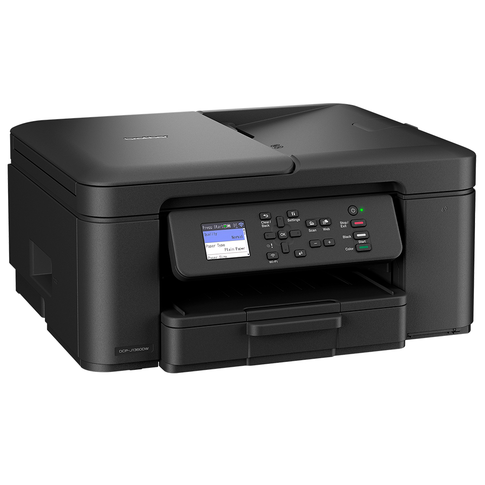 Una impresora negra Brother DCP-J13600W. Tiene un panel de control con pantalla, botones y una bandeja de papel.
