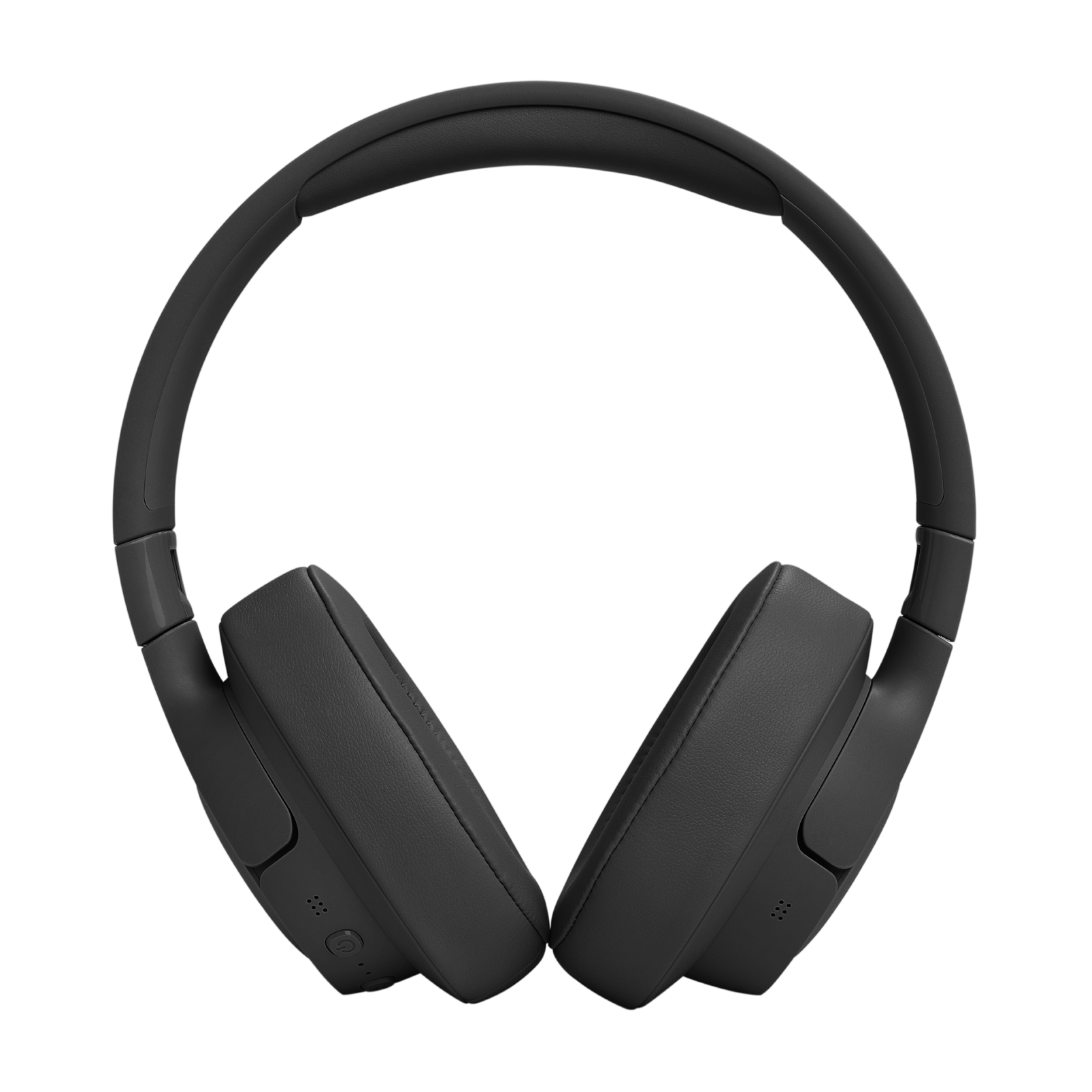 Auriculares grises con diadema acolchada y almohadillas centrados sobre un fondo gris moteado. Un cubo está en el centro.