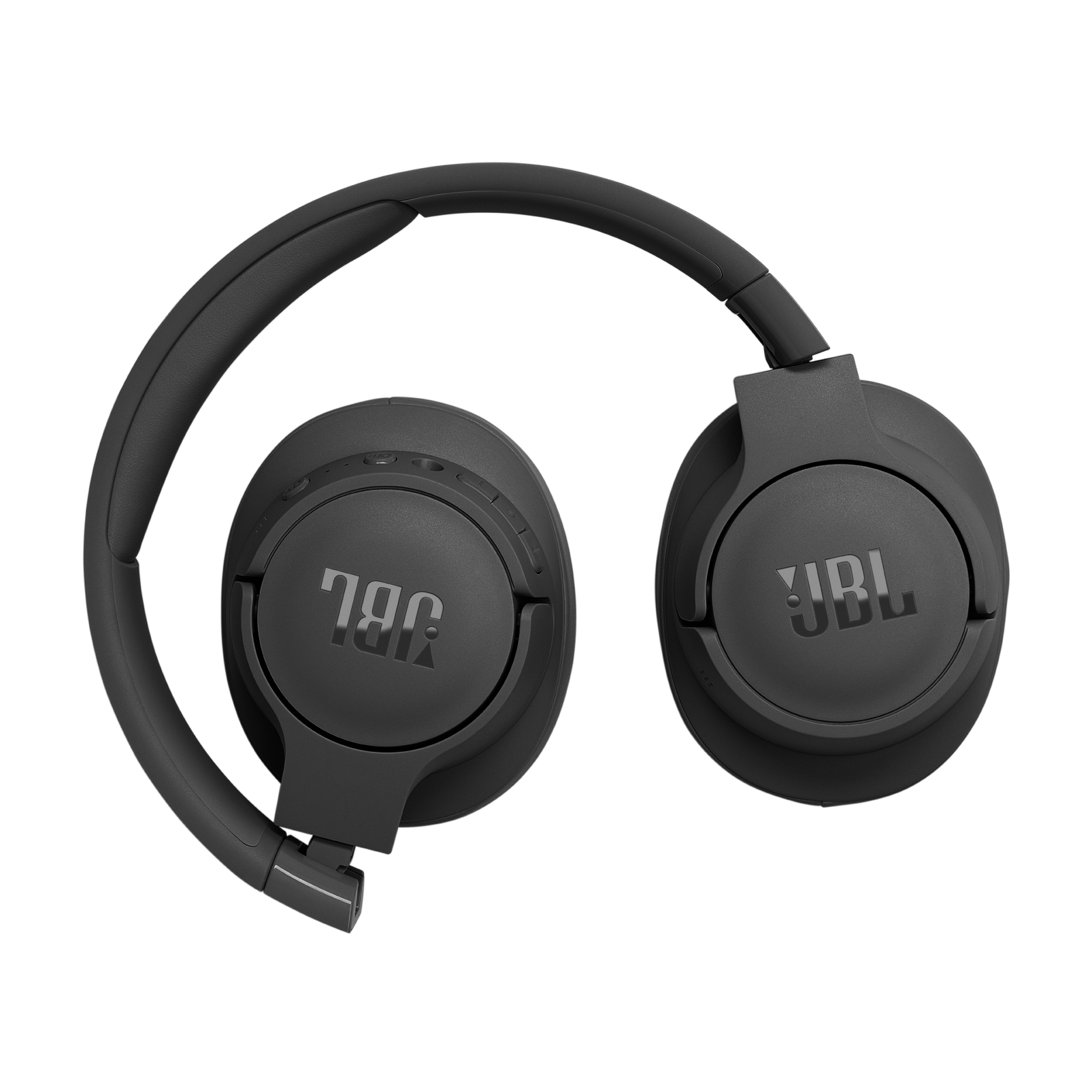Auriculares JBL gris oscuro sobre una superficie gris. Los auriculares tienen el logotipo de JBL. Los auriculares están plegados.