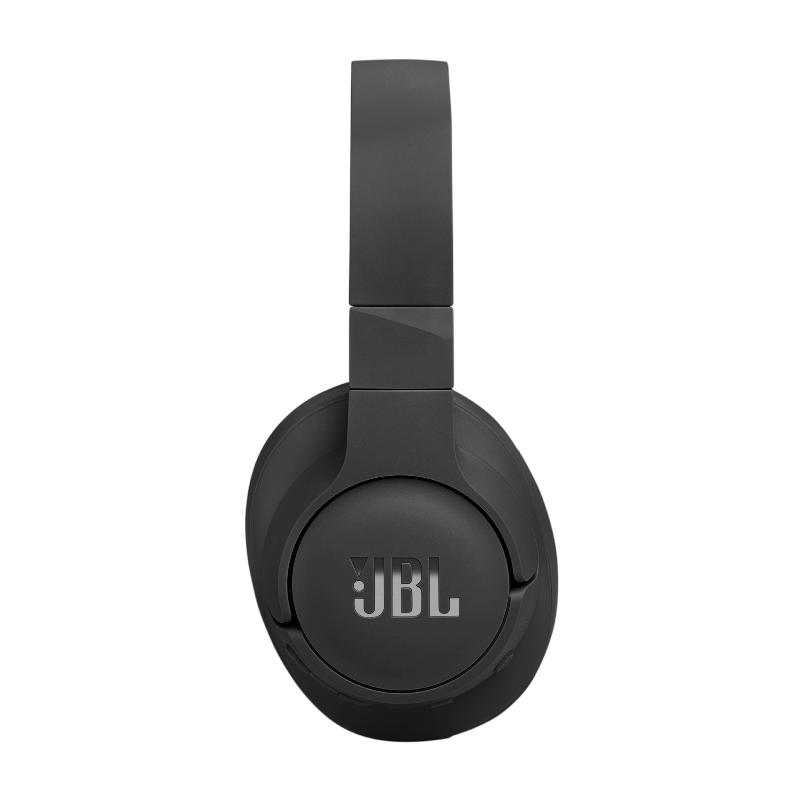 Primer plano de auriculares JBL. Color gris. La marca es visible en la orejera. El fondo es gris.
