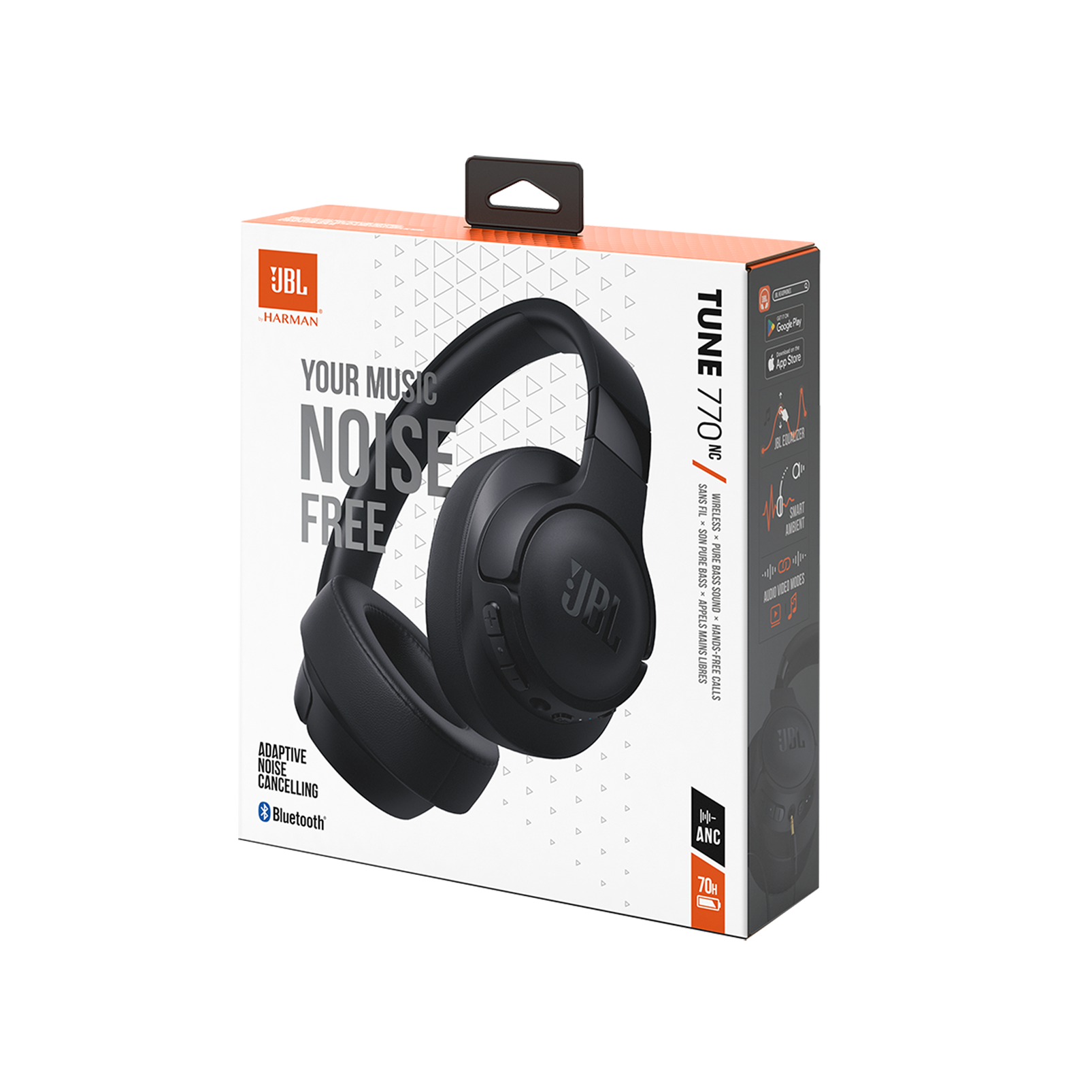 Caja de auriculares JBL Tune 770NC negros. La caja muestra el producto, sus características e información de la marca.