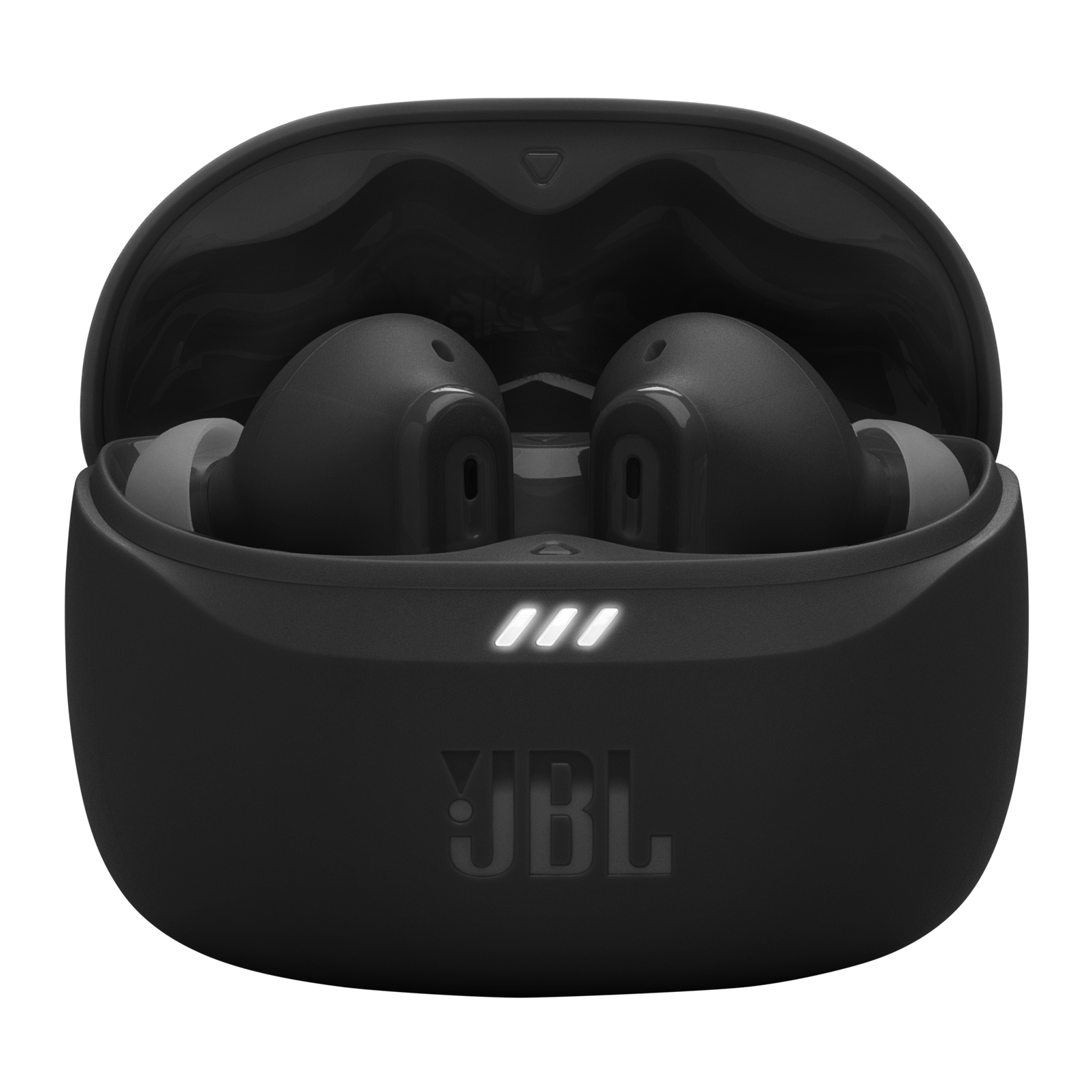 Auriculares JBL negros en un estuche negro abierto, mostrando los auriculares y el logotipo de JBL. También son visibles luces blancas.