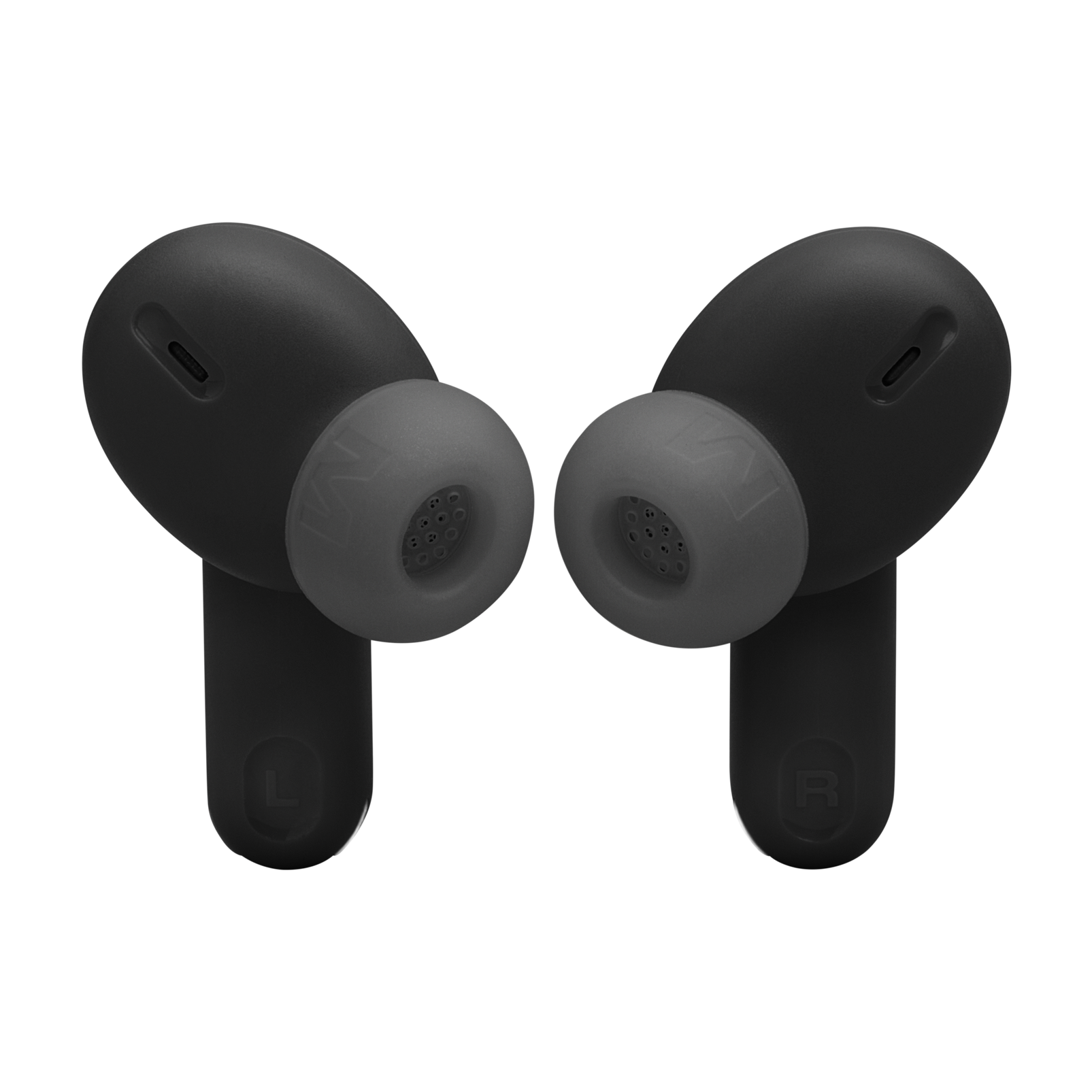 Dos auriculares inalámbricos negros con puntas grises. El auricular izquierdo tiene una L, el derecho una R.