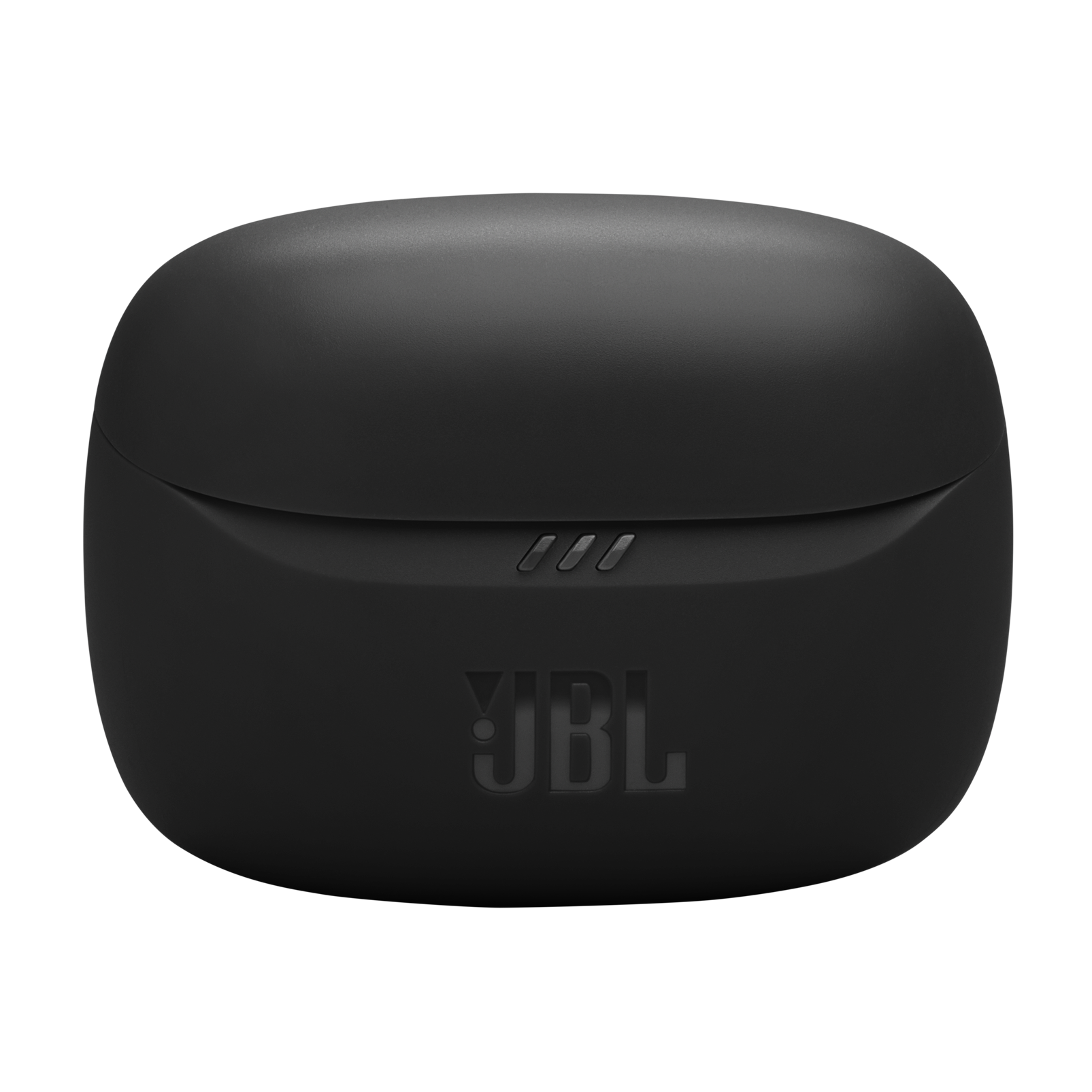 Una funda de carga negra para auriculares JBL. La funda está cerrada, con el logotipo de JBL visible. Tres luces indicadoras encima del logotipo.