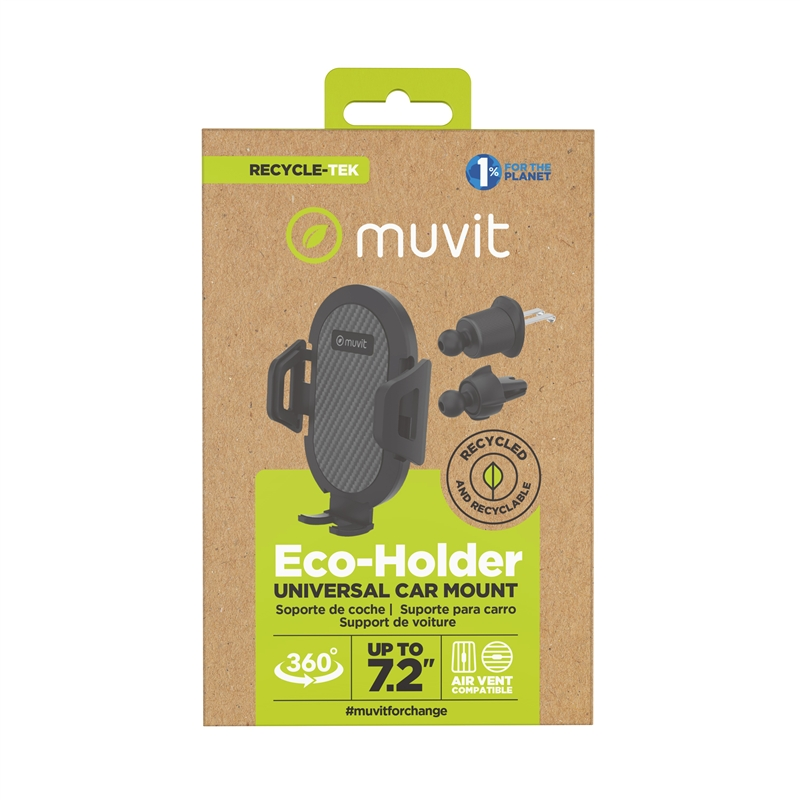 La caja muestra un soporte para teléfono de coche. Está etiquetado como 'Eco-Holder', 'Universal Car Mount' y 'Recycled & Recyclable'. La marca 'muvit' es visible.