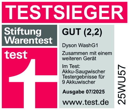 Ein rot-weißes Abzeichen mit 'TESTSIEGER', 'Stiftung Warentest' und 'GUT (2,2)'. Es bewirbt einen Test von Dyson WashG1.