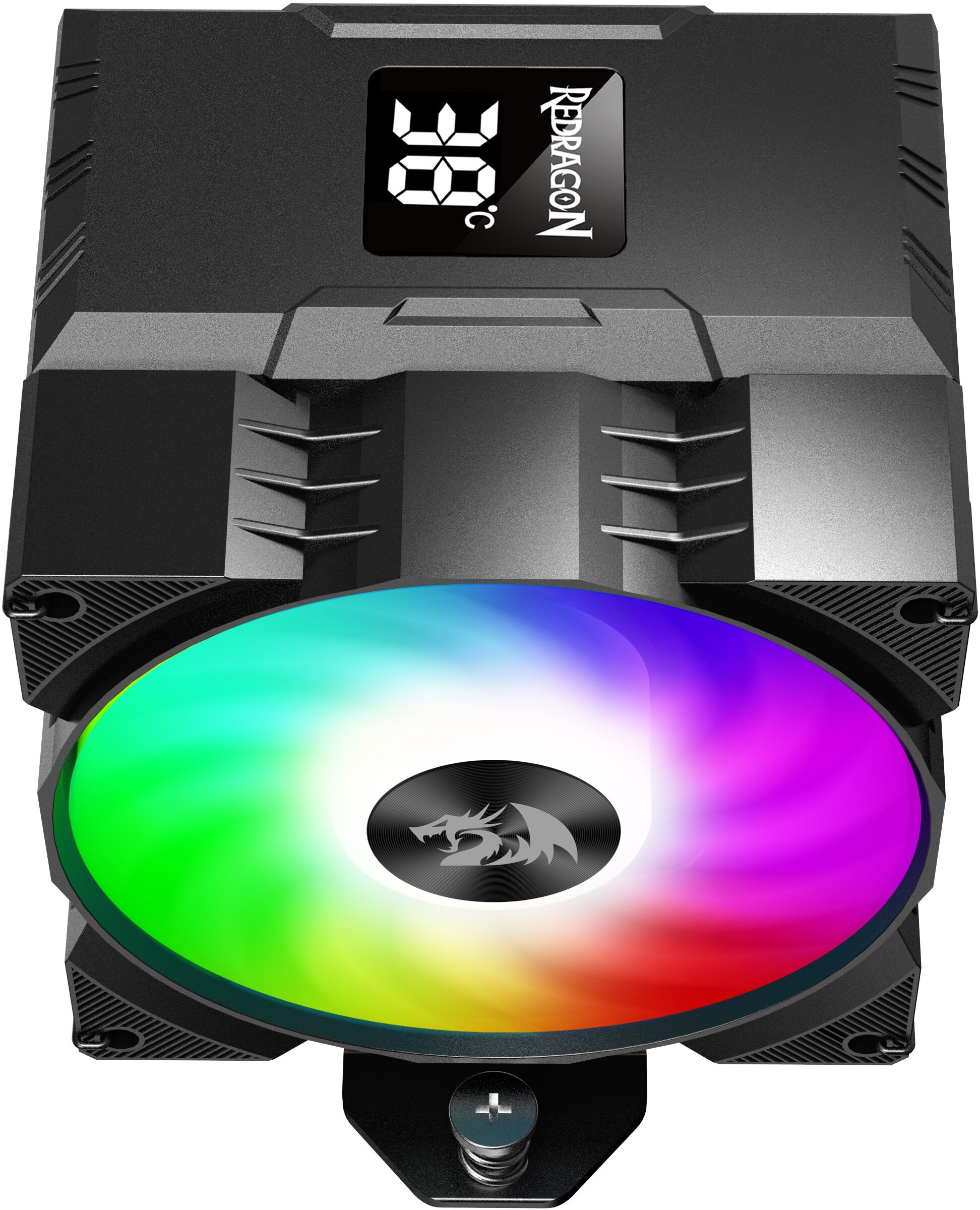 Czarny cooler CPU z tęczowym wentylatorem. Na górze ekran z 38°C i logo Redragon.