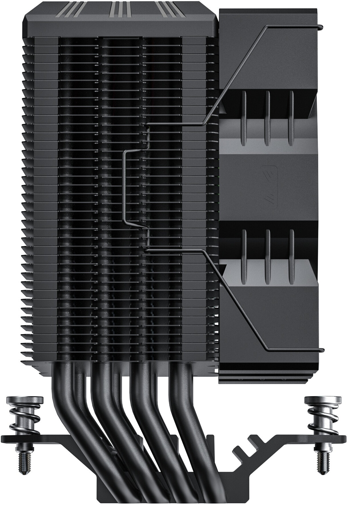 Czarny cooler CPU z żeberkami, rurkami cieplnymi i osprzętem montażowym. Chłodnica ma metaliczne wykończenie i nowoczesny design.