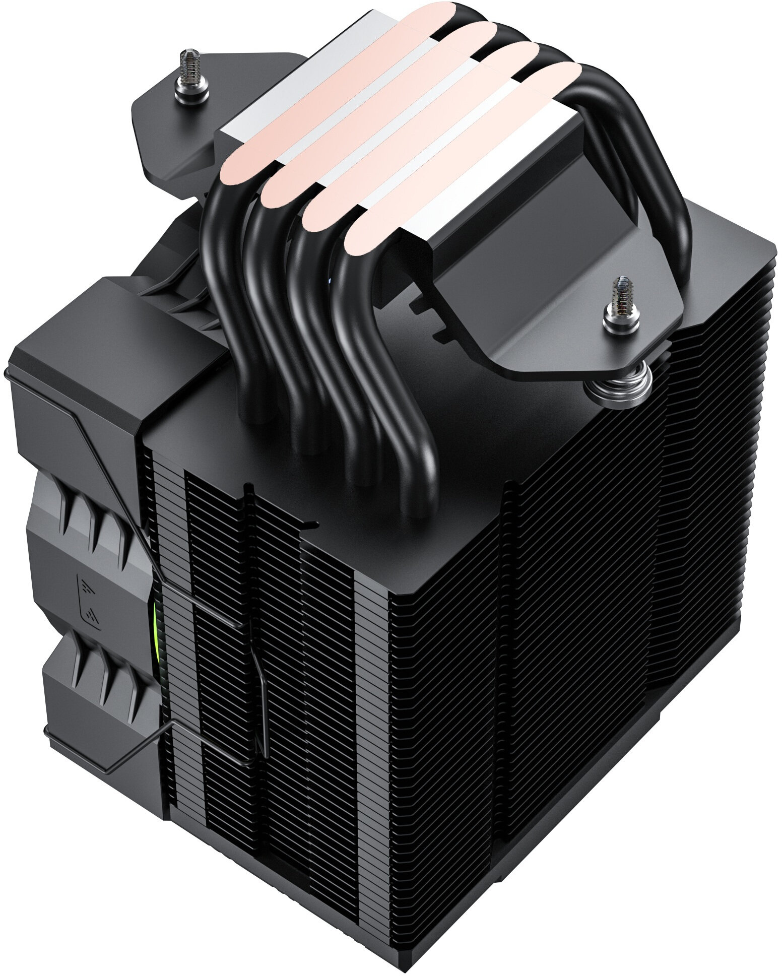 Czarny cooler CPU z miedzianymi rurkami cieplnymi i żeberkami. Śruby mocują cooler. Tło jest białe.