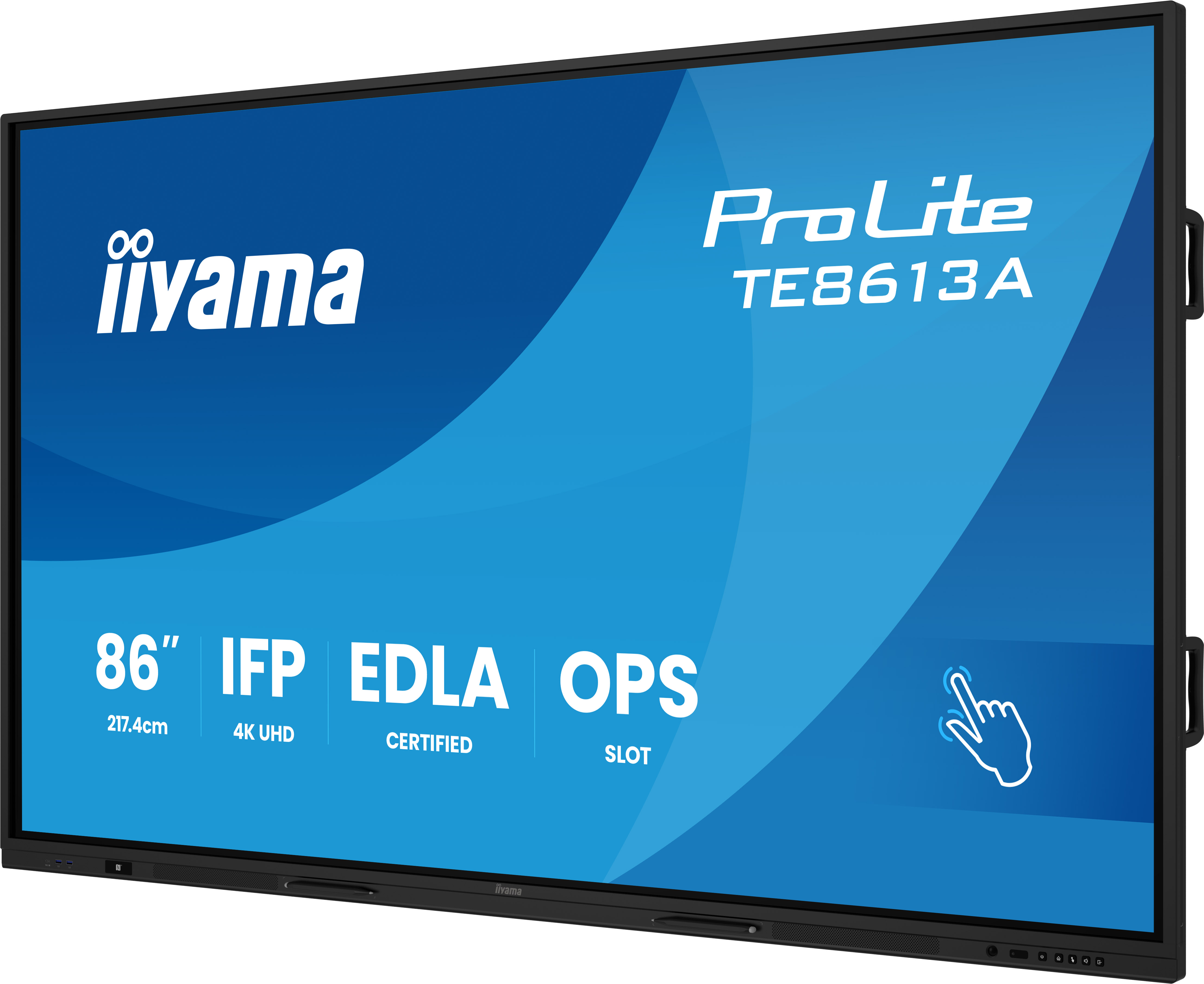 86" interaktywny płaski panel iiyama ProLite TE8613A. Ma niebieskie tło i biały tekst.