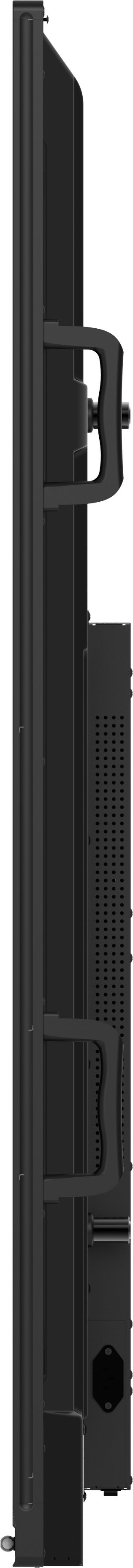 Widok z boku czarnego urządzenia z uchwytami i perforowaną sekcją. Posiada gniazdo zasilania i osprzęt montażowy.