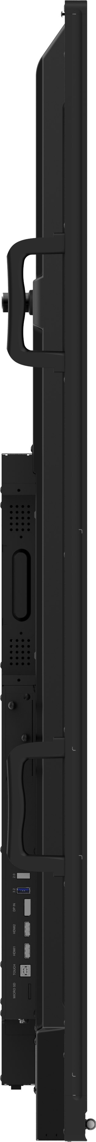 Widok z boku czarnego, prostokątnego wyświetlacza z uchwytami montażowymi, portami i otworami wentylacyjnymi. Białe tło.