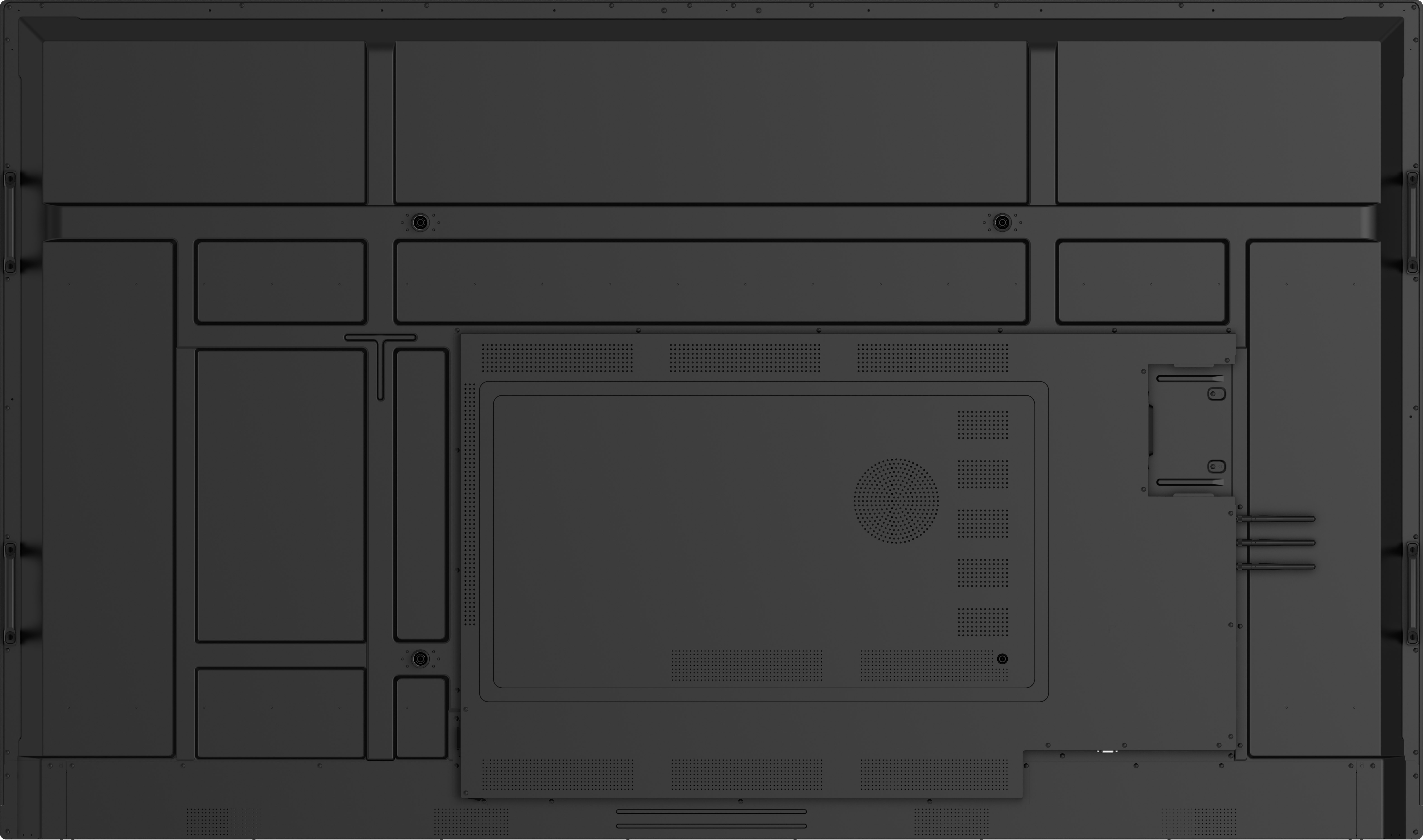Czarny, prostokątny panel z różnymi wnękami, otworami i okrągłym głośnikiem. Posiada uchwyt z boku.
