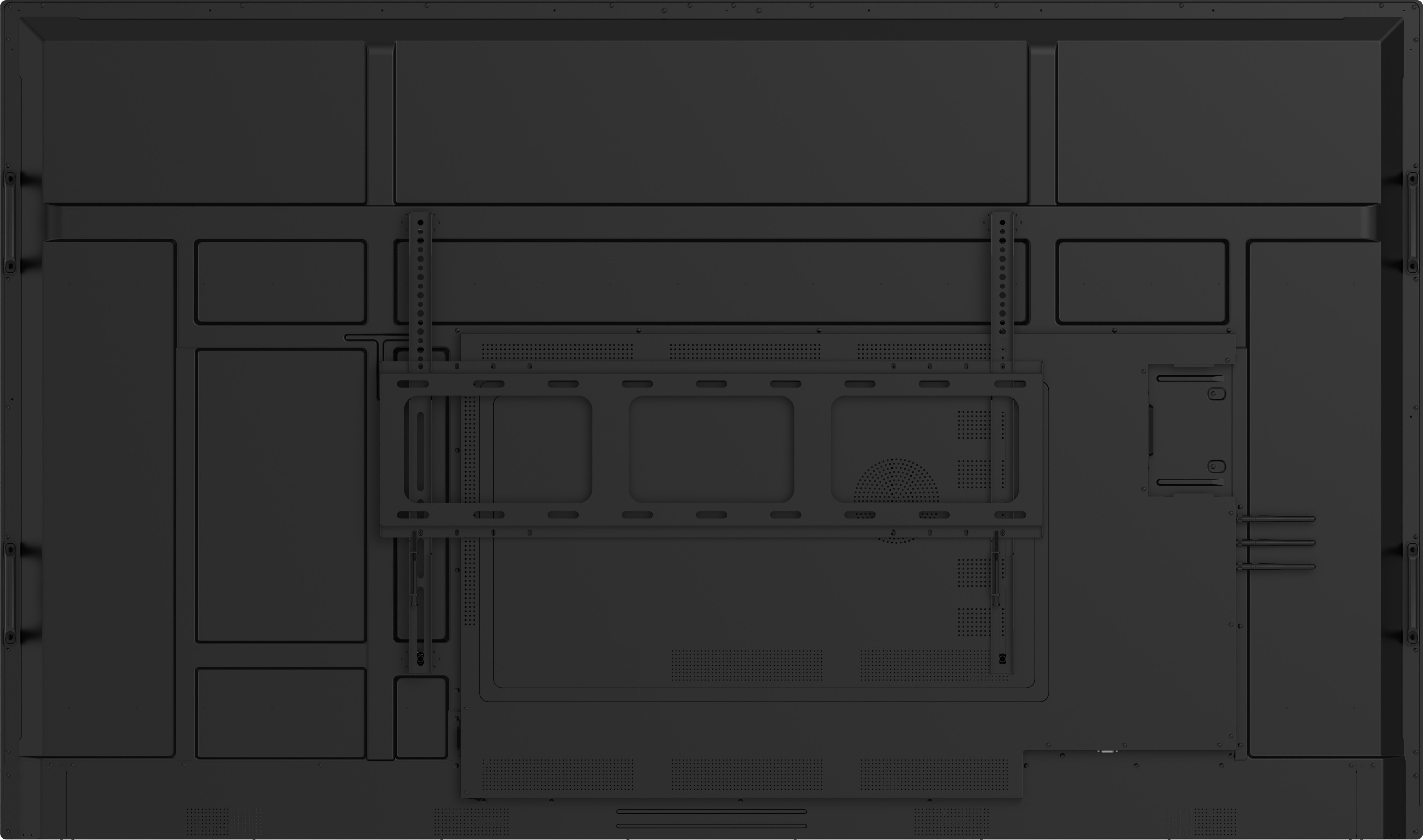 Tył dużego czarnego wyświetlacza, pokazujący uchwyty montażowe, otwory wentylacyjne i panele.