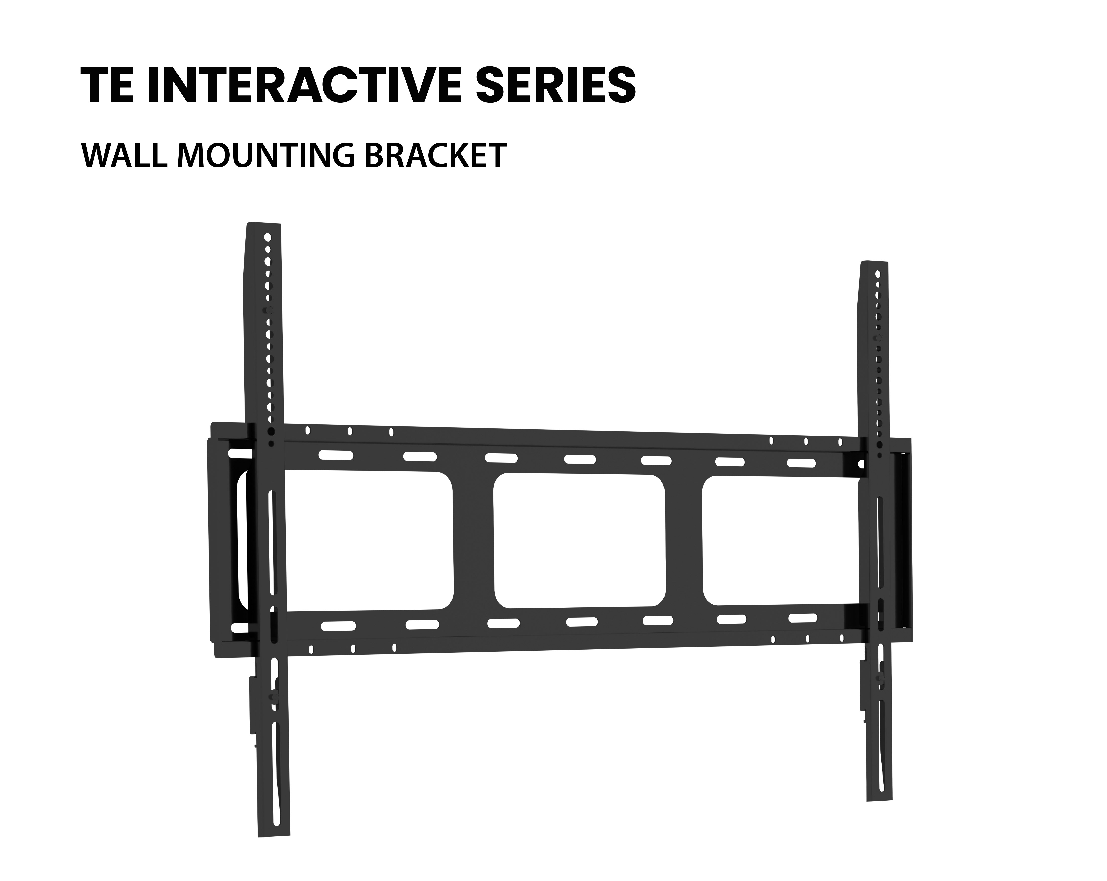 Czarny uchwyt ścienny do telewizora z wieloma otworami montażowymi. Tekst: TE INTERACTIVE SERIES, WALL MOUNTING BRACKET.