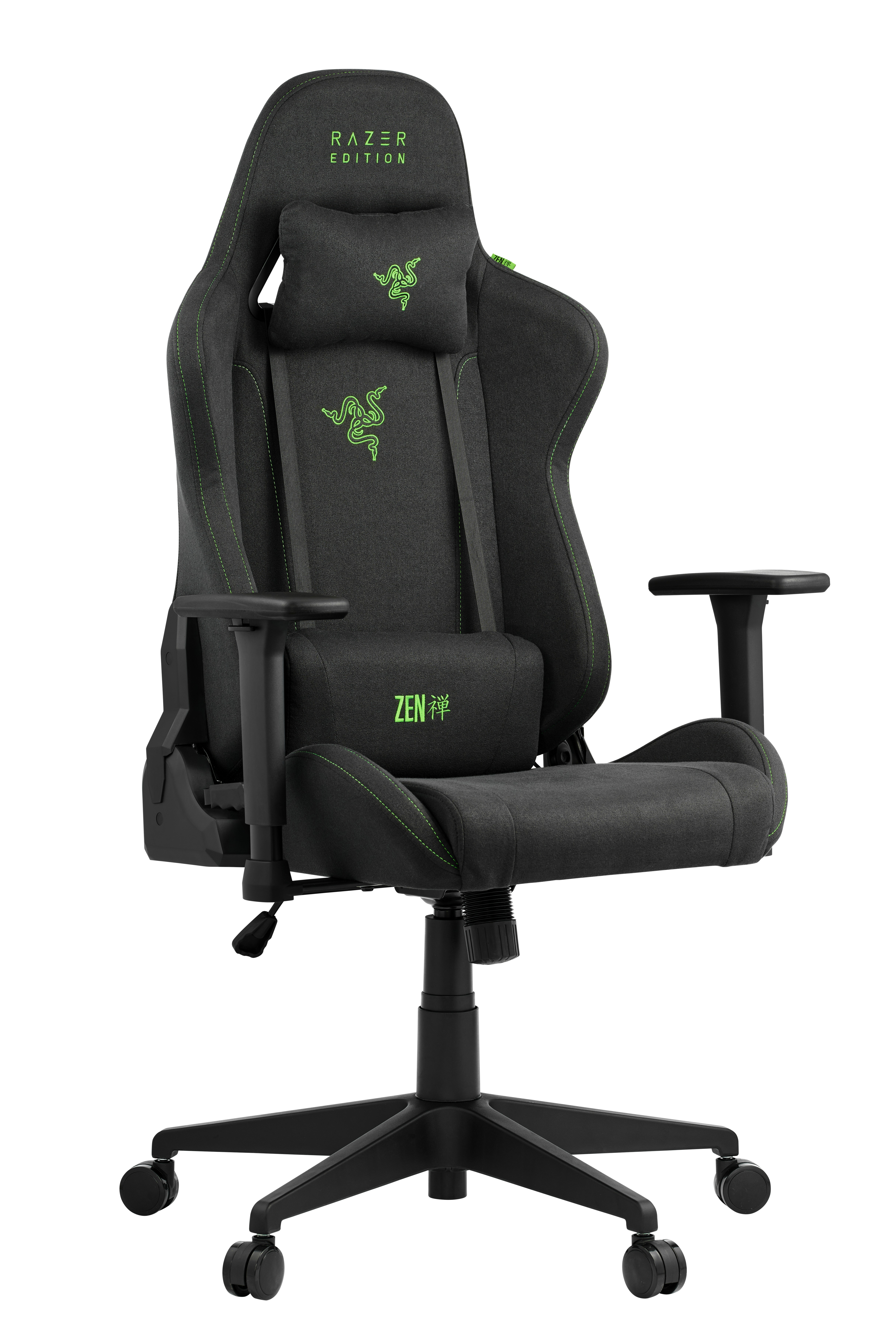 Ein schwarzer und grüner Razer Edition Gaming-Stuhl mit Kopfstütze, Armlehnen und einer Fünf-Sterne-Basis mit Rädern. Der Hintergrund ist weiß.