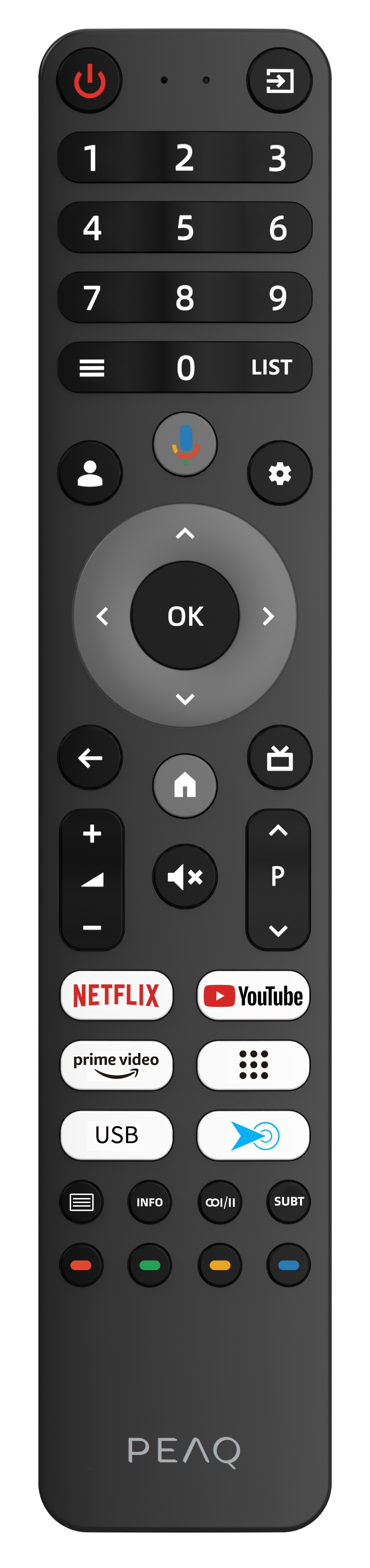 Czarny pilot z wieloma przyciskami, w tym numery, głośność i skróty do aplikacji, takich jak Netflix i YouTube.