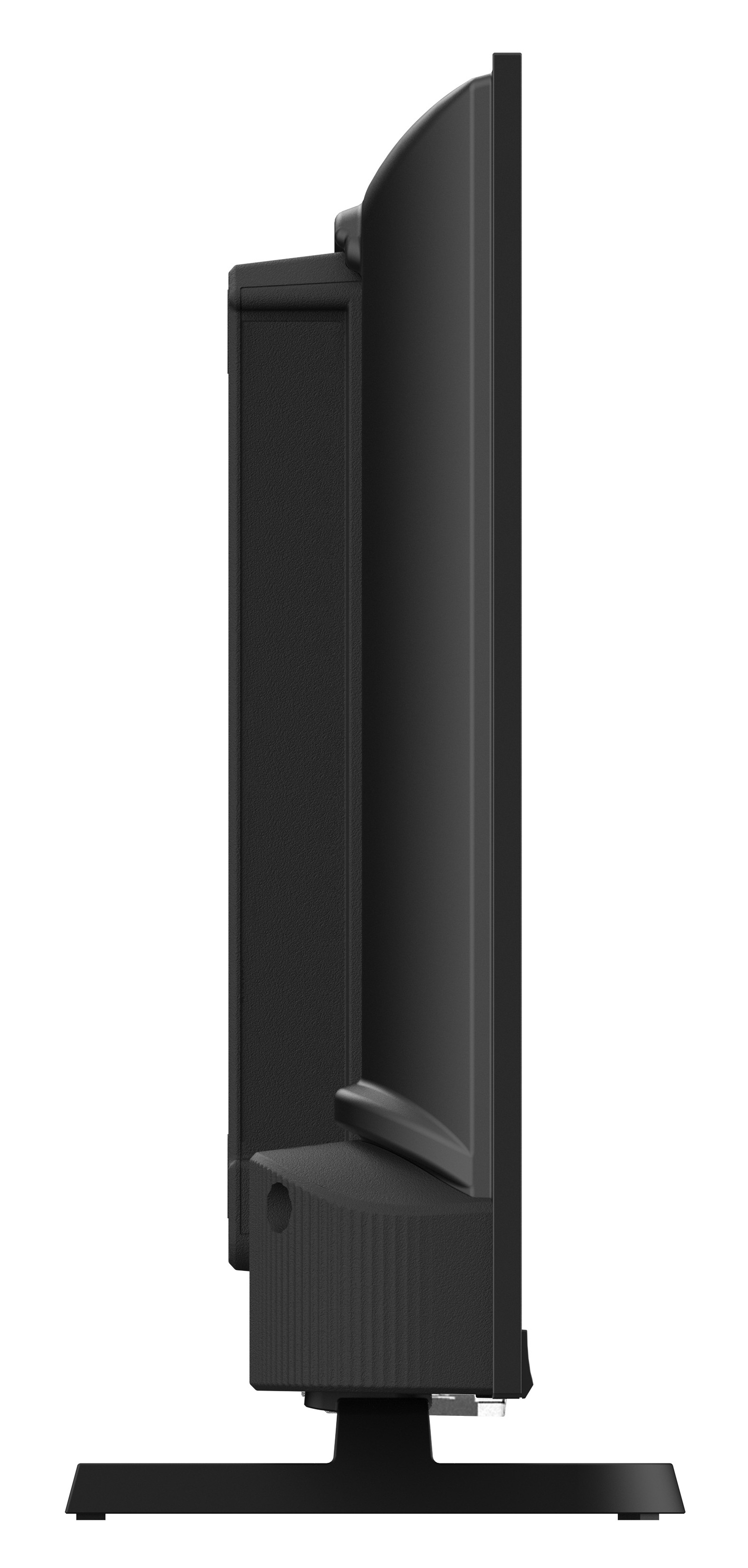Czarny telewizor z płaskim ekranem z boku. Stoi na podstawie na białym tle. Telewizor jest wyłączony.