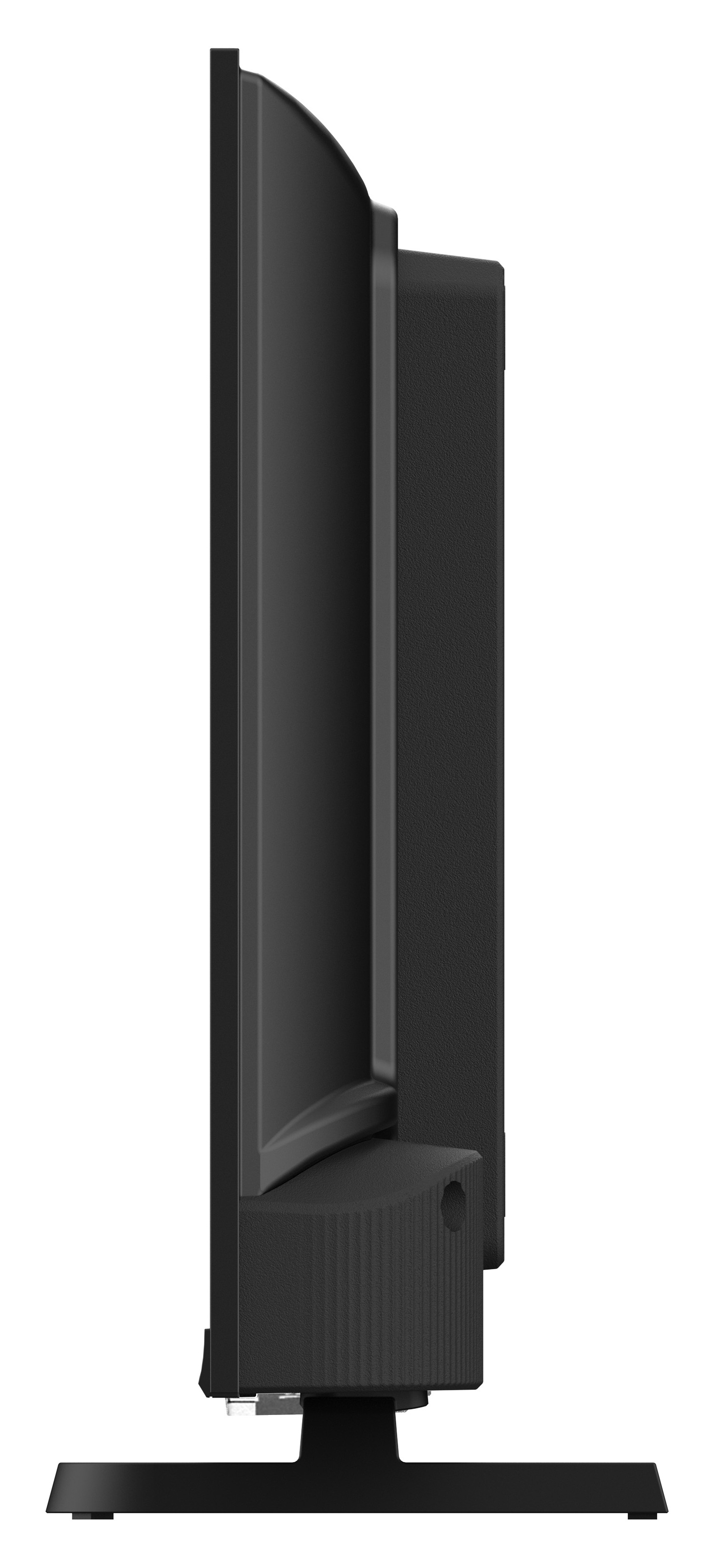 Czarny, zakrzywiony monitor komputera, widziany z boku. Ma prostokątną podstawę i teksturowany tył.