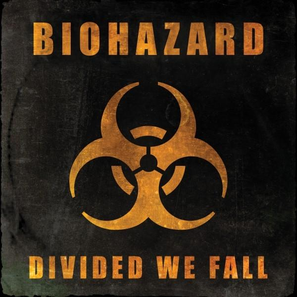 Fond noir avec texte orange 'BIOHAZARD' et 'DIVIDED WE FALL'. Centre : un symbole de danger biologique orange.