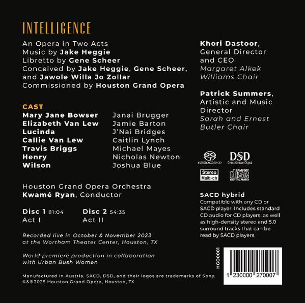 Opern-CD-Cover mit dem Titel 'Intelligence'. Listet Besetzung, Crew und Details der Aufführung, einschließlich der Houston Grand Opera.