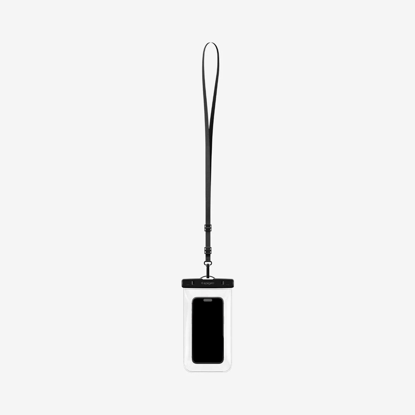 Siyah kayışlı su geçirmez bir telefon kılıfı. Telefon ekranı siyah. Kılıf şeffaf.
