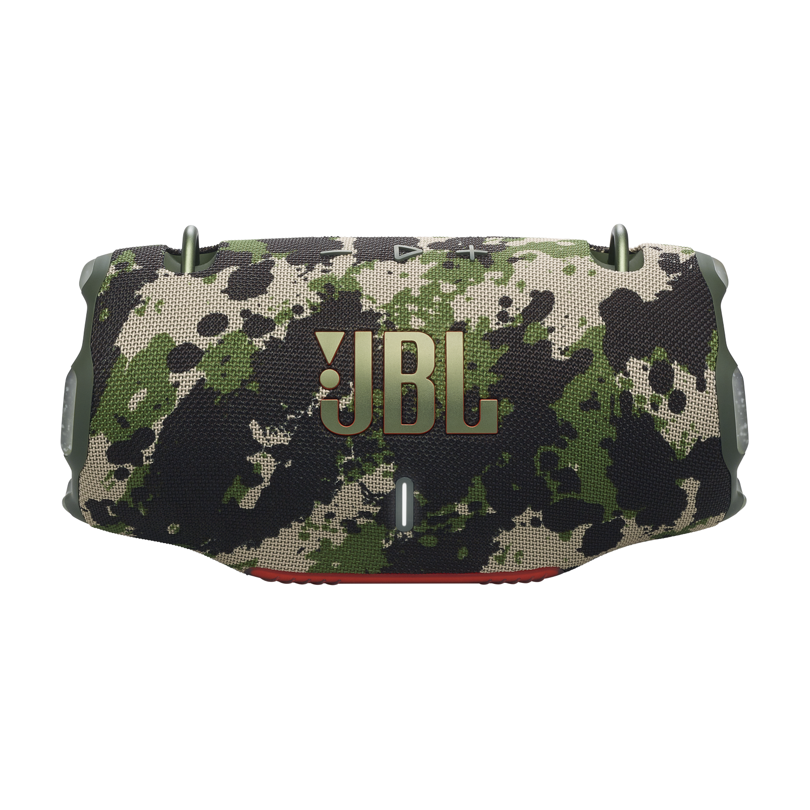 JBL kamuflaj hoparlör. Yeşil, siyah ve bej desenlere sahip. Metal kulpları var. JBL logosu belirgin. Altta kırmızı detay.