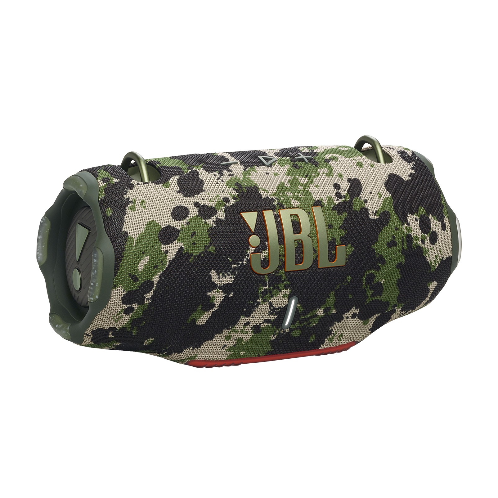 JBL kamuflaj hoparlör. Yeşil, siyah ve bej desenli. JBL logosu var. Alt kısımda kırmızı bir çizgi var.