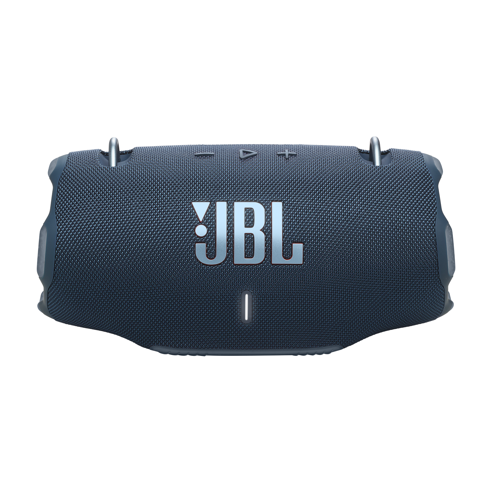 Koyu mavi JBL hoparlör, dokulu yüzeye sahip dikdörtgen. Ortada gümüş JBL logosu, üstte metal halkalar.