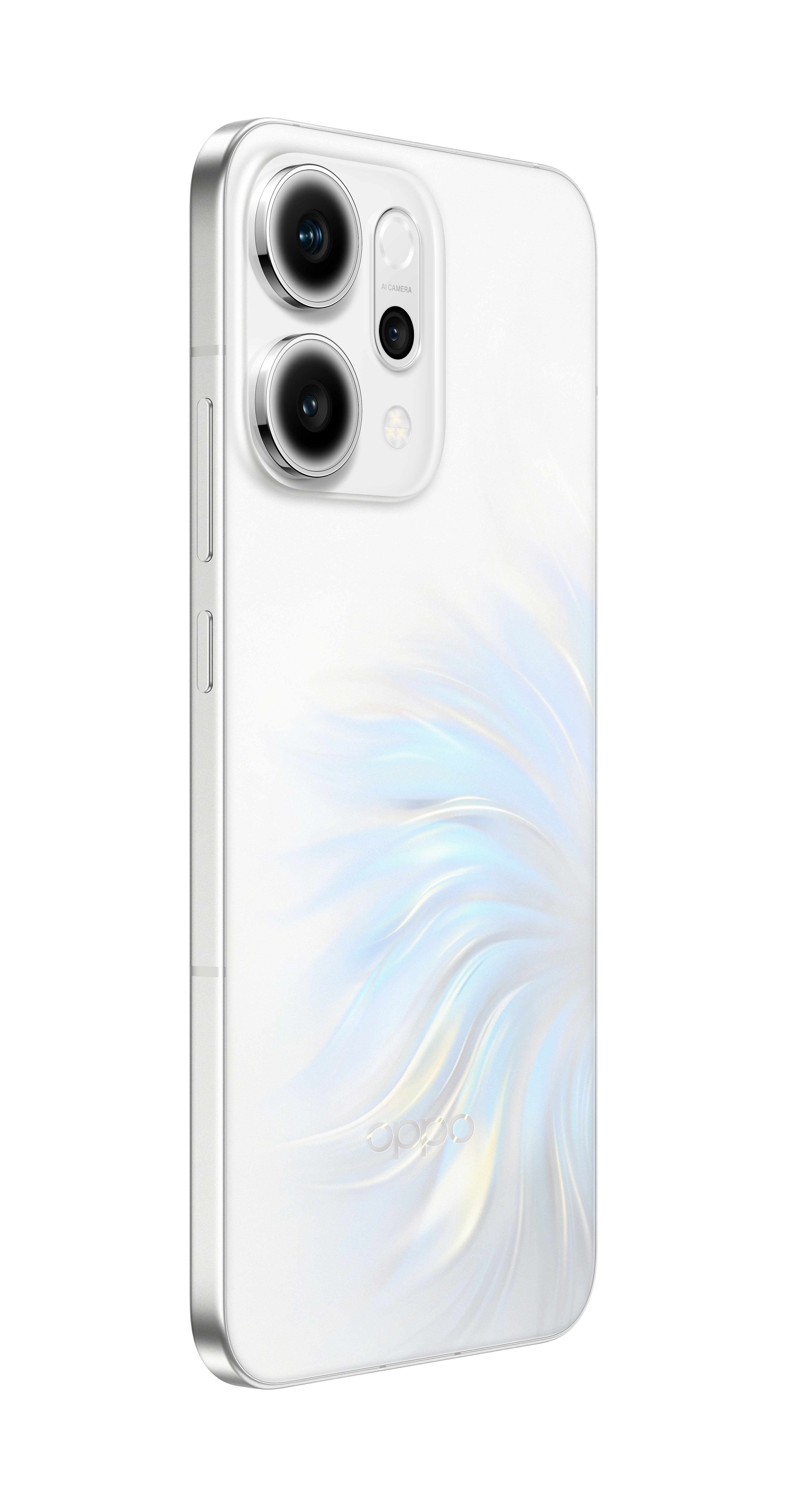 Gümüş çerçeveli beyaz akıllı telefon. Arkada üç kamera ve flaş var. Arkada dönen bir tasarım var. Oppo logosu altta.