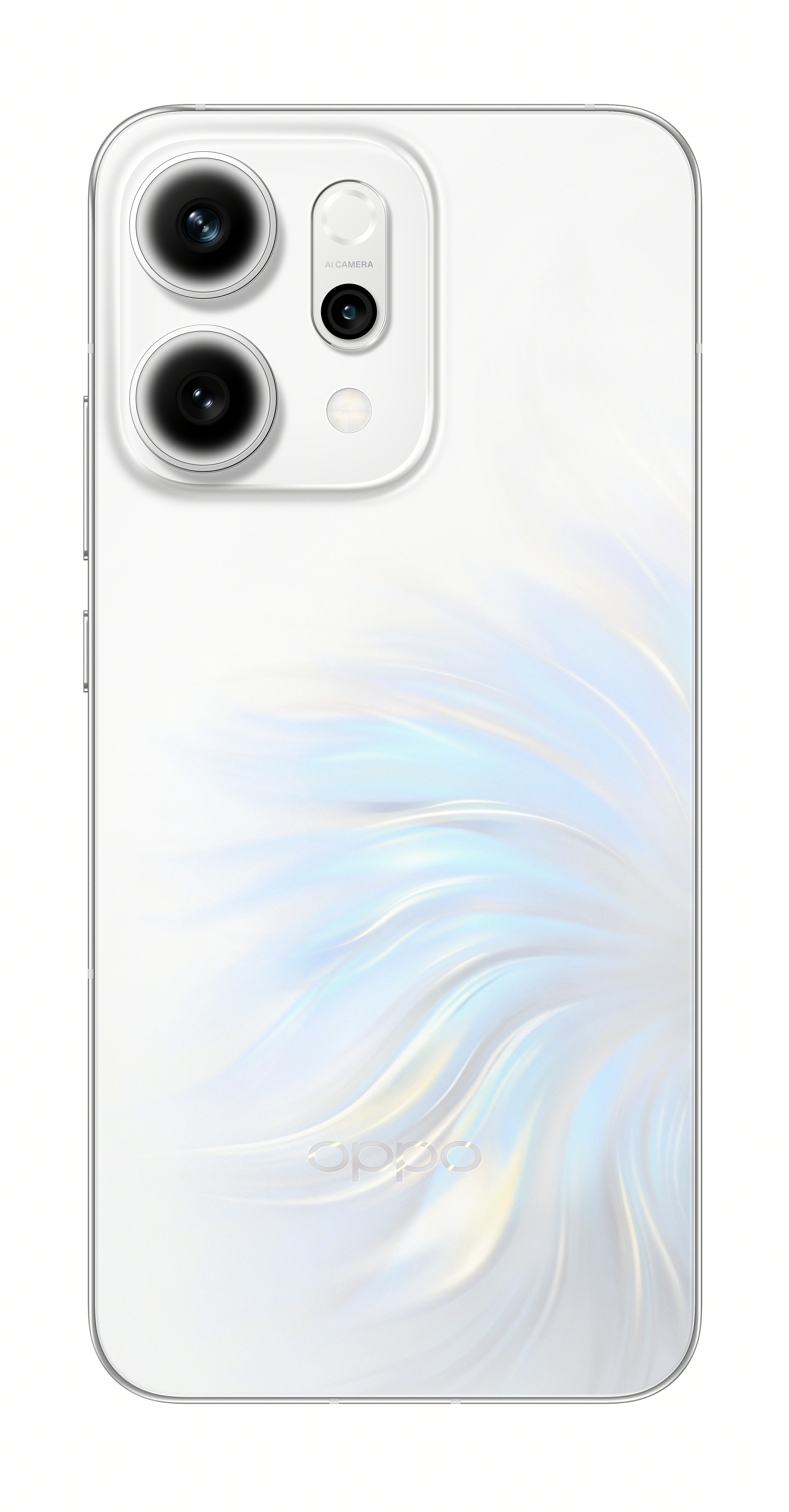Beyaz bir Oppo telefonun arkası. İki kamera, flaş ve Oppo logosu görülebilir. Arka kısım sedefli, dönen bir tasarıma sahip.