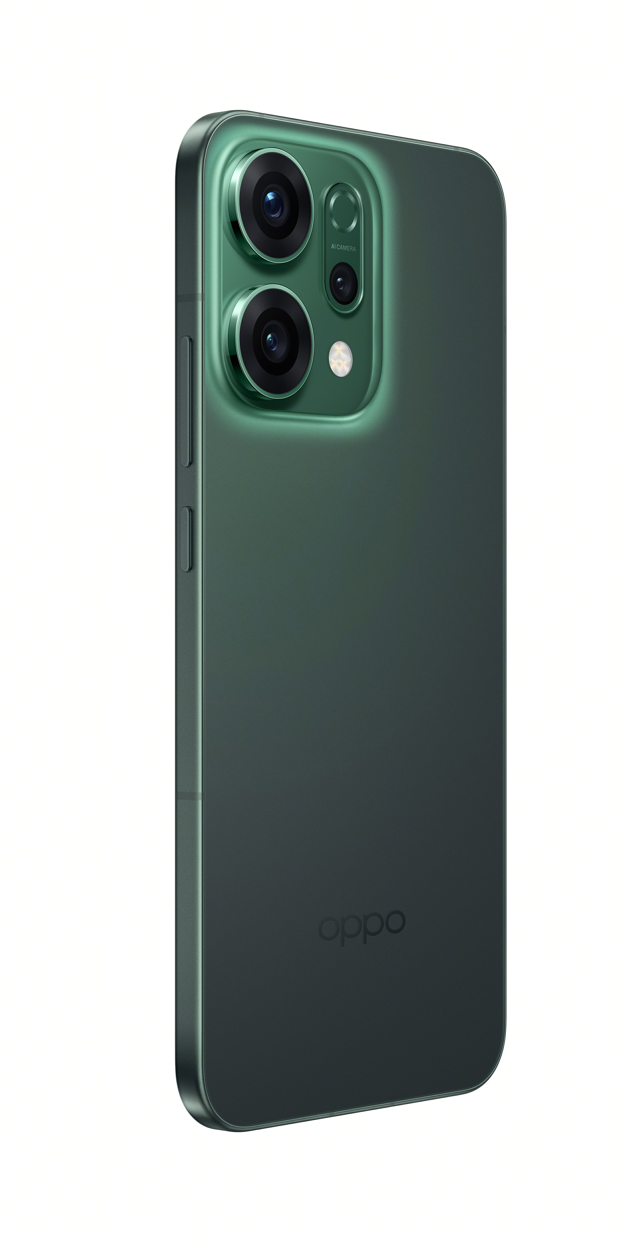 Arkası üç kamera lensli yeşil Oppo telefon. Telefon koyu yeşil renkte ve Oppo logosu var.