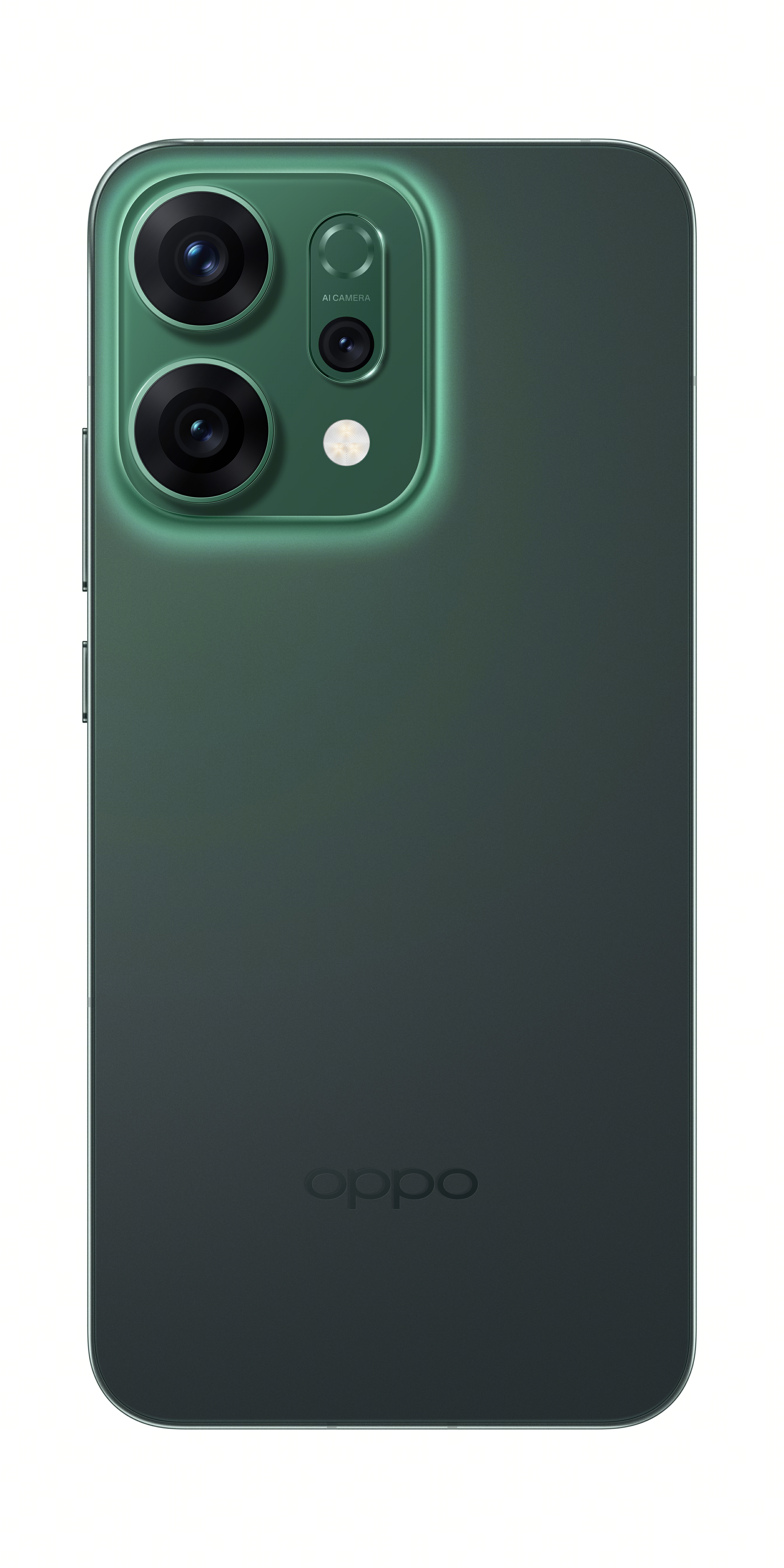 Yeşil bir Oppo akıllı telefon. Arkasında birden fazla kamera var. Oppo logosu altta. Kenarları yuvarlatılmış.