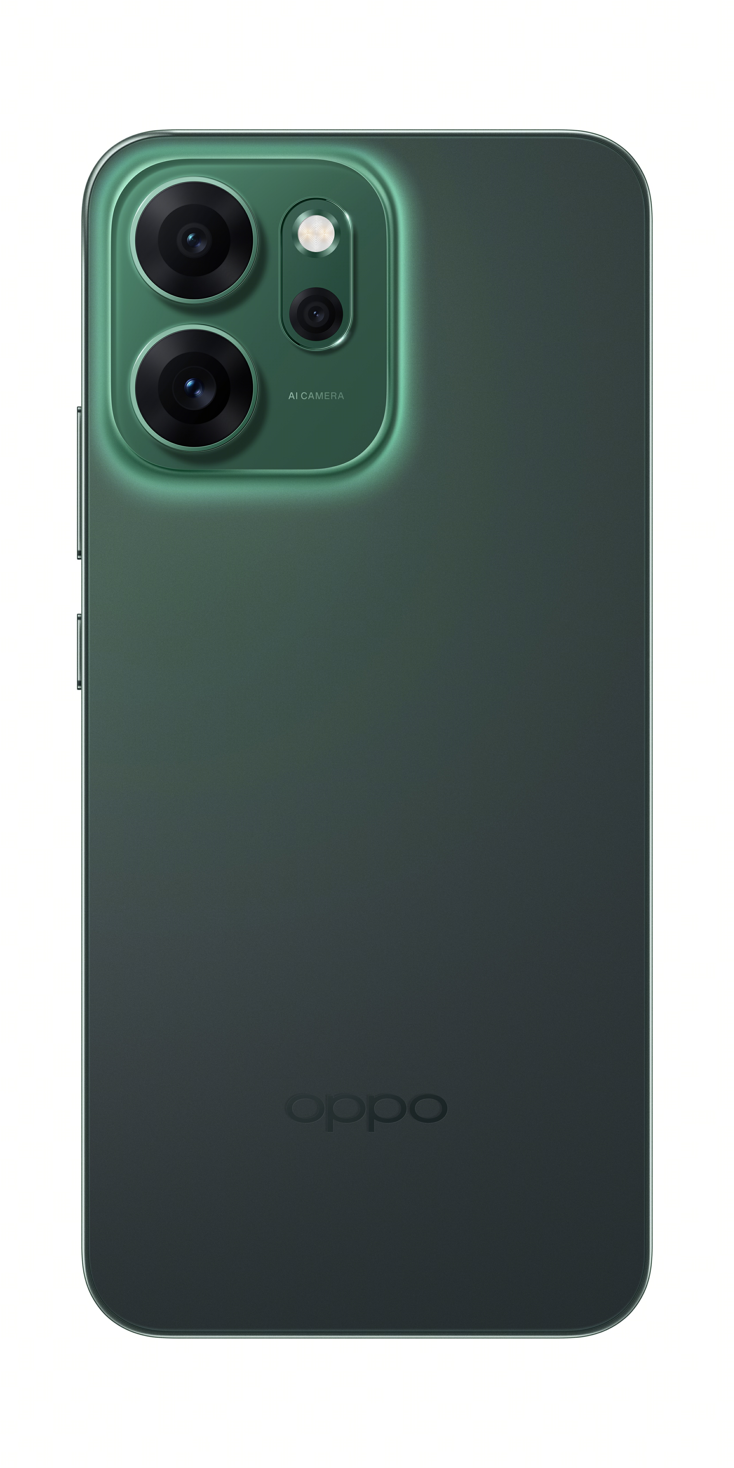 Yeşil Oppo telefon arkası, üç lensli kamera. Yanında 'AI CAMERA' yazıyor. Altta Oppo logosu.