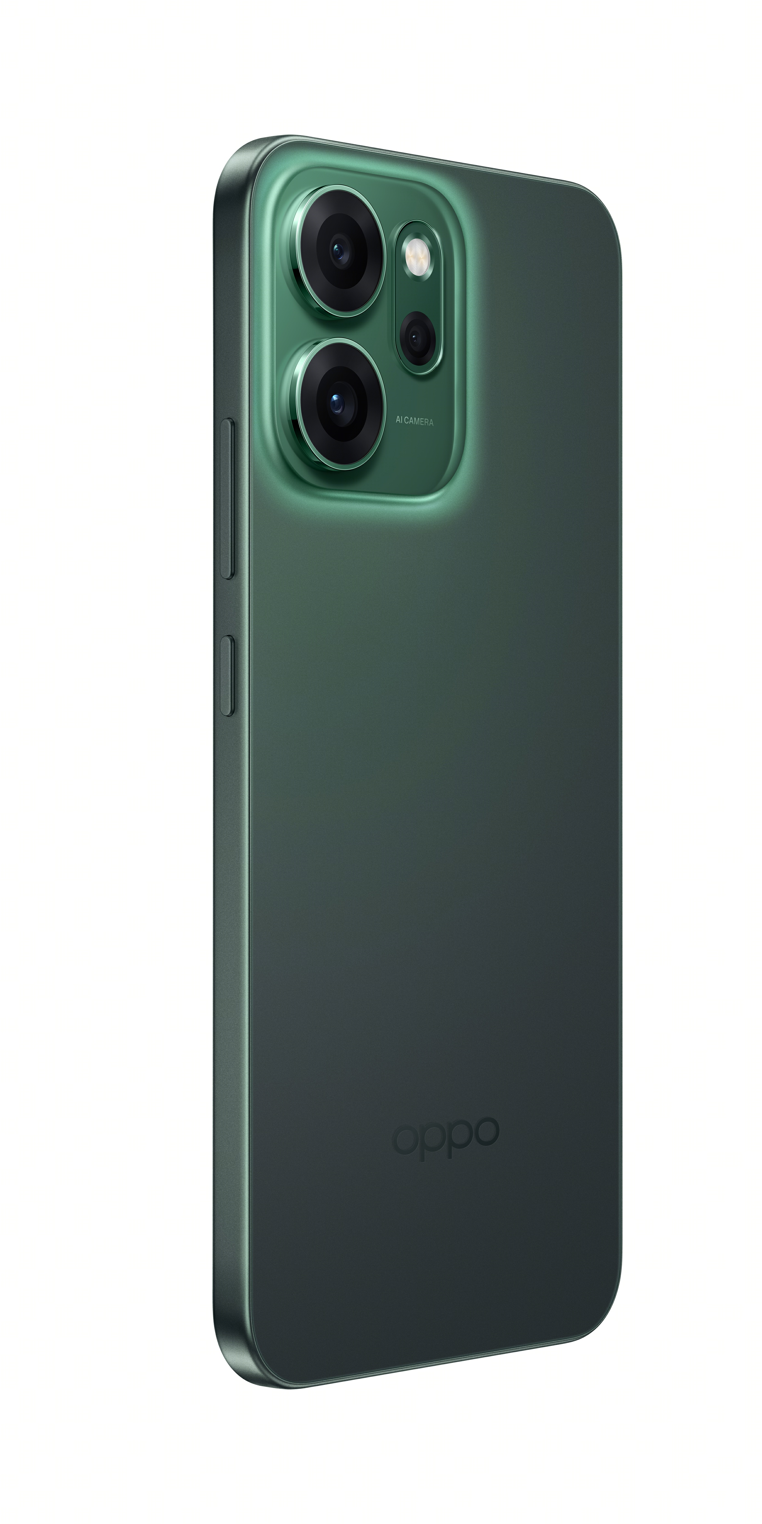 Yeşil Oppo telefon, açılı görünüm, kamera dizilimini gösteriyor. Üç lens, flaş ve Oppo logosu bulunuyor.